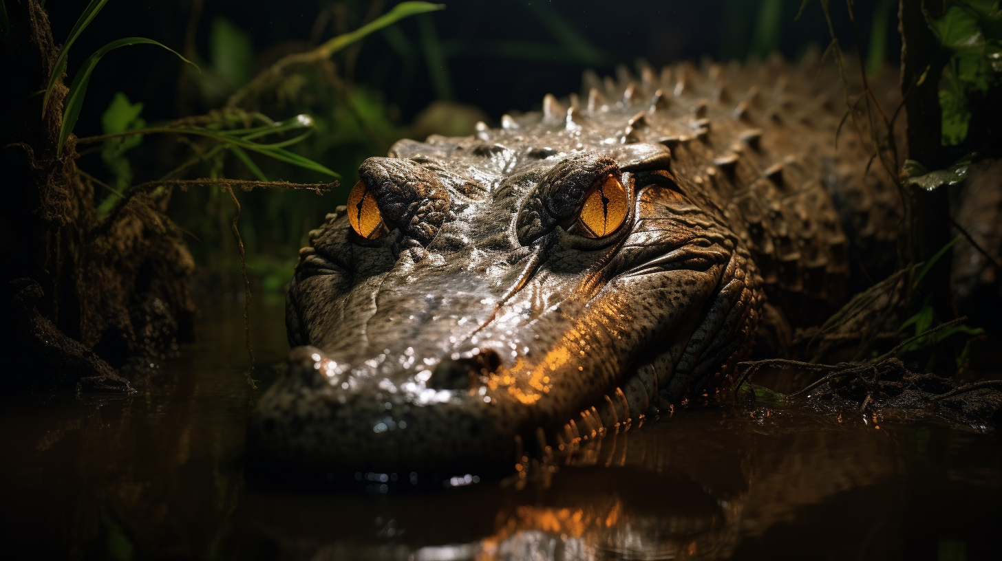 Realistic photo of a caiman at night