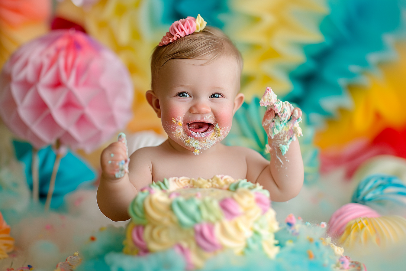 Vibrant cakesmash with one-year-old baby