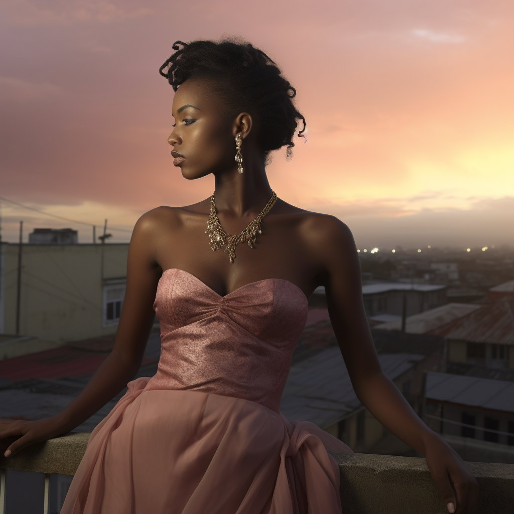 Young Cape Verdean in pink dress at twilight