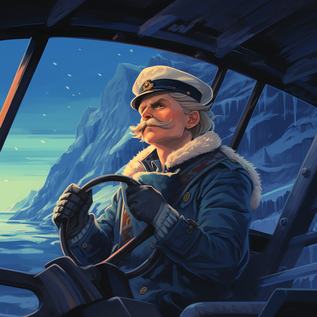 Captain steering catamaran with snowy mustache and blond hair