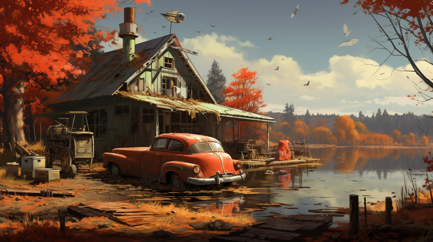 Serene car repair scene with autumn trees near a lake