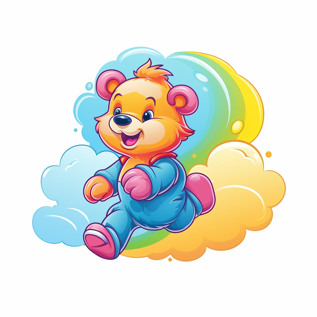 Care Bear running on a rainbow