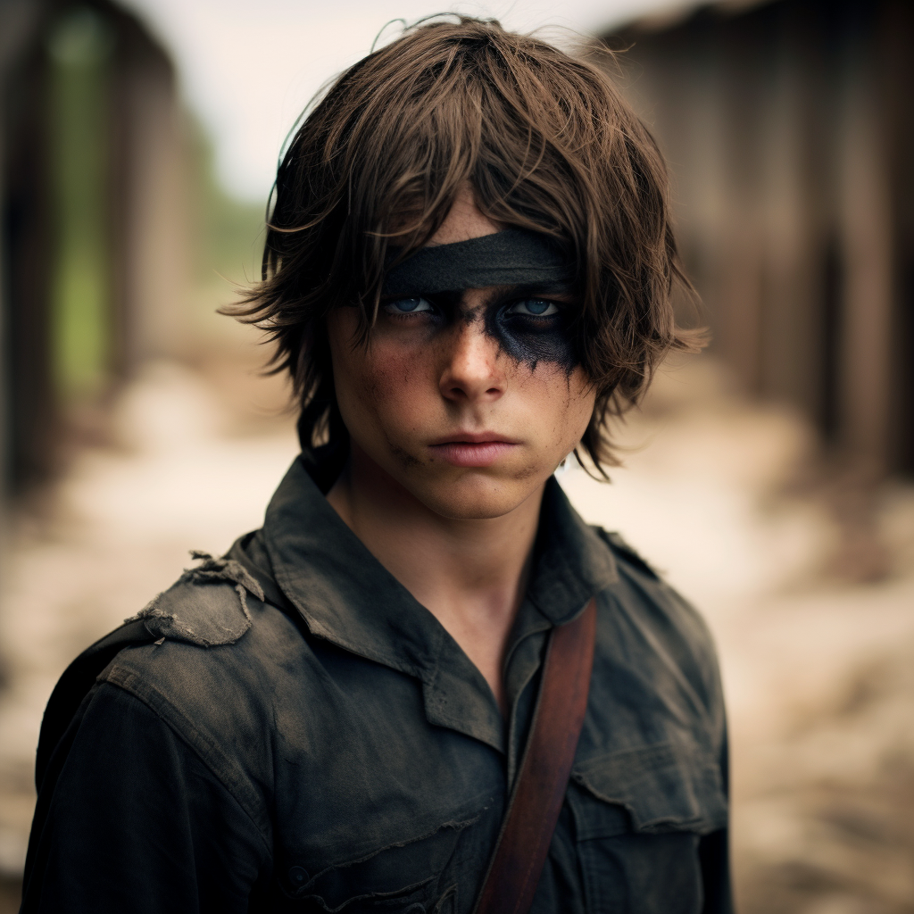 Carl with intense gaze wearing an eye patch