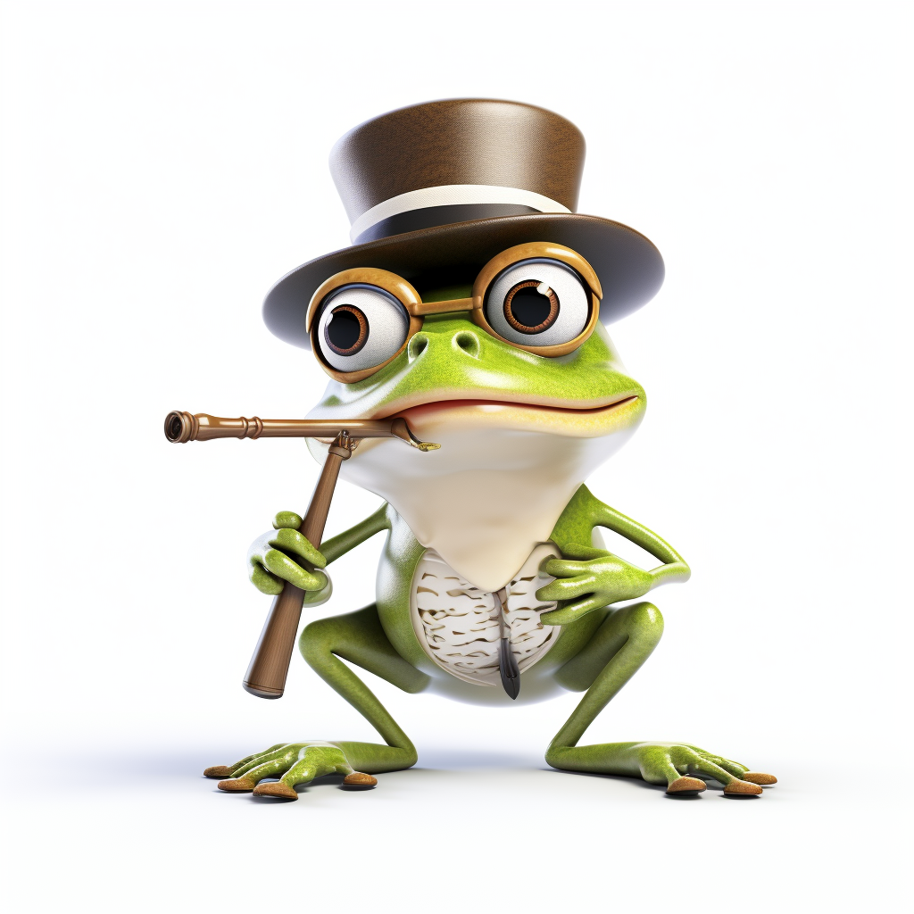 Cartoon frog blowing whistle with eyeglass and hat