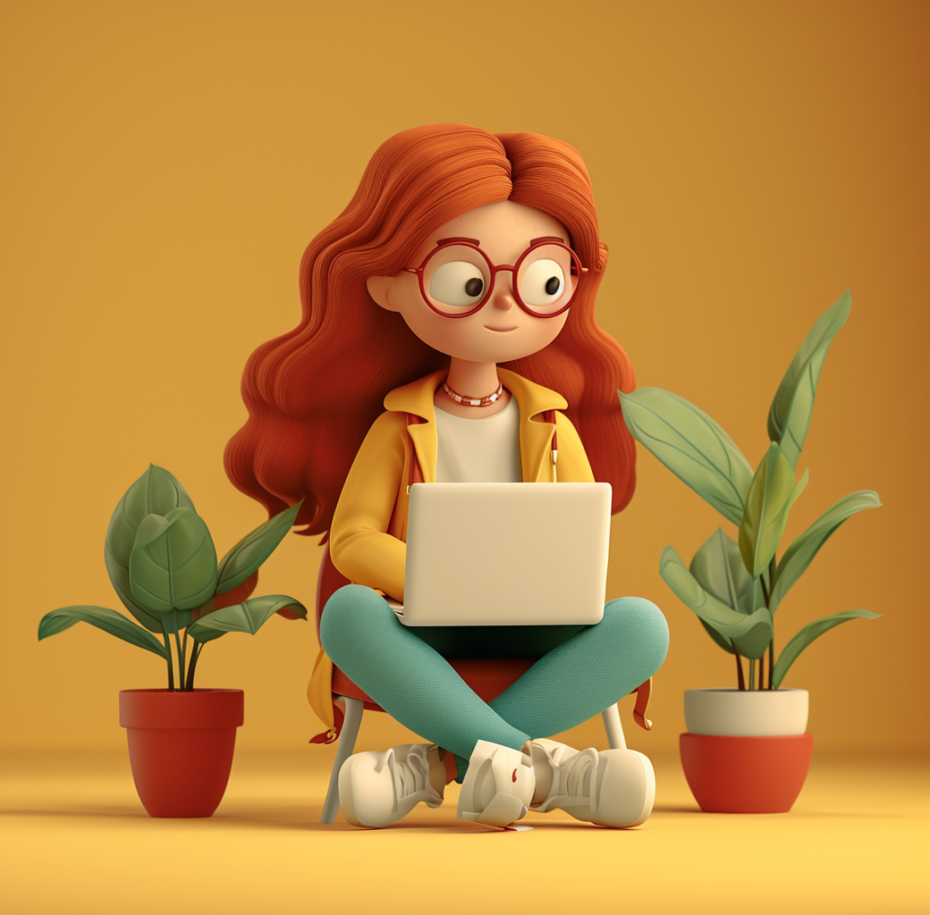 Cartoon woman with laptop on cheese and wood