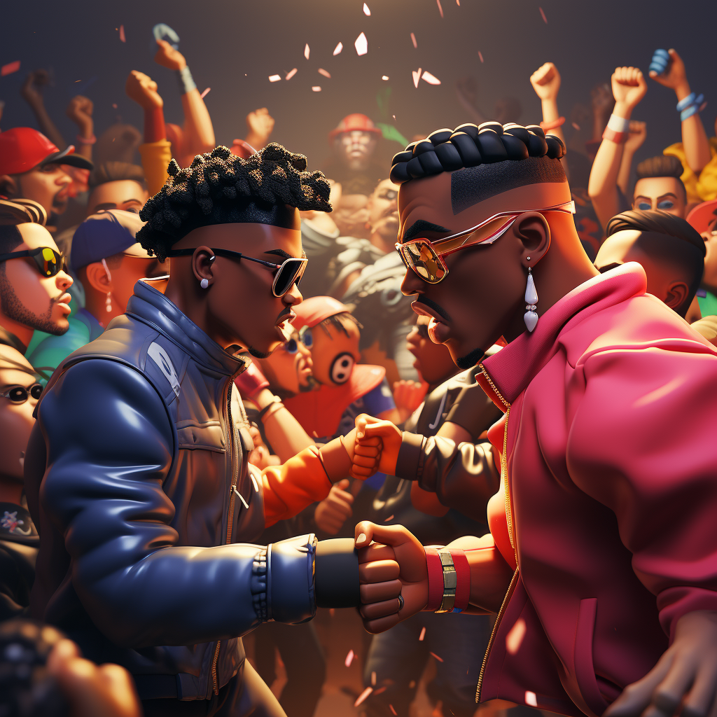 3D cartoon rappers fighting in front of audience