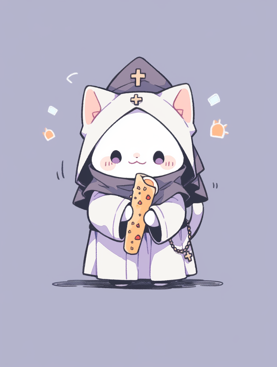 Cat priest holding slice of pepperoni pizza