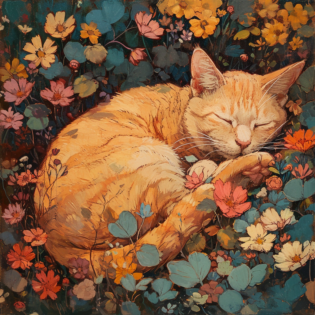 Soft orange cat sleeping in flower bed