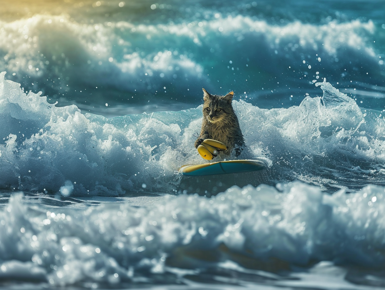 Cat surfing with banana in sea