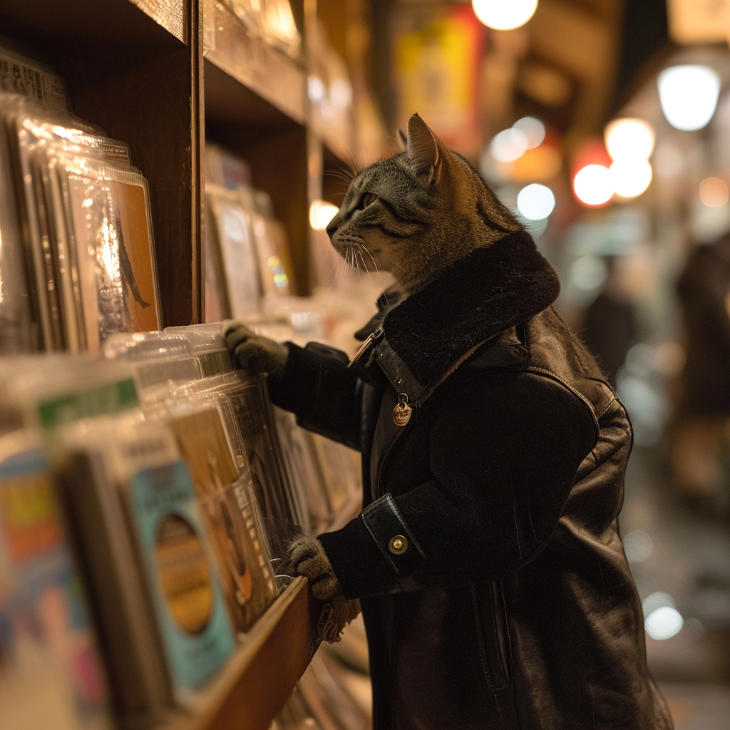 Cat in Black Leather Coat Shopping