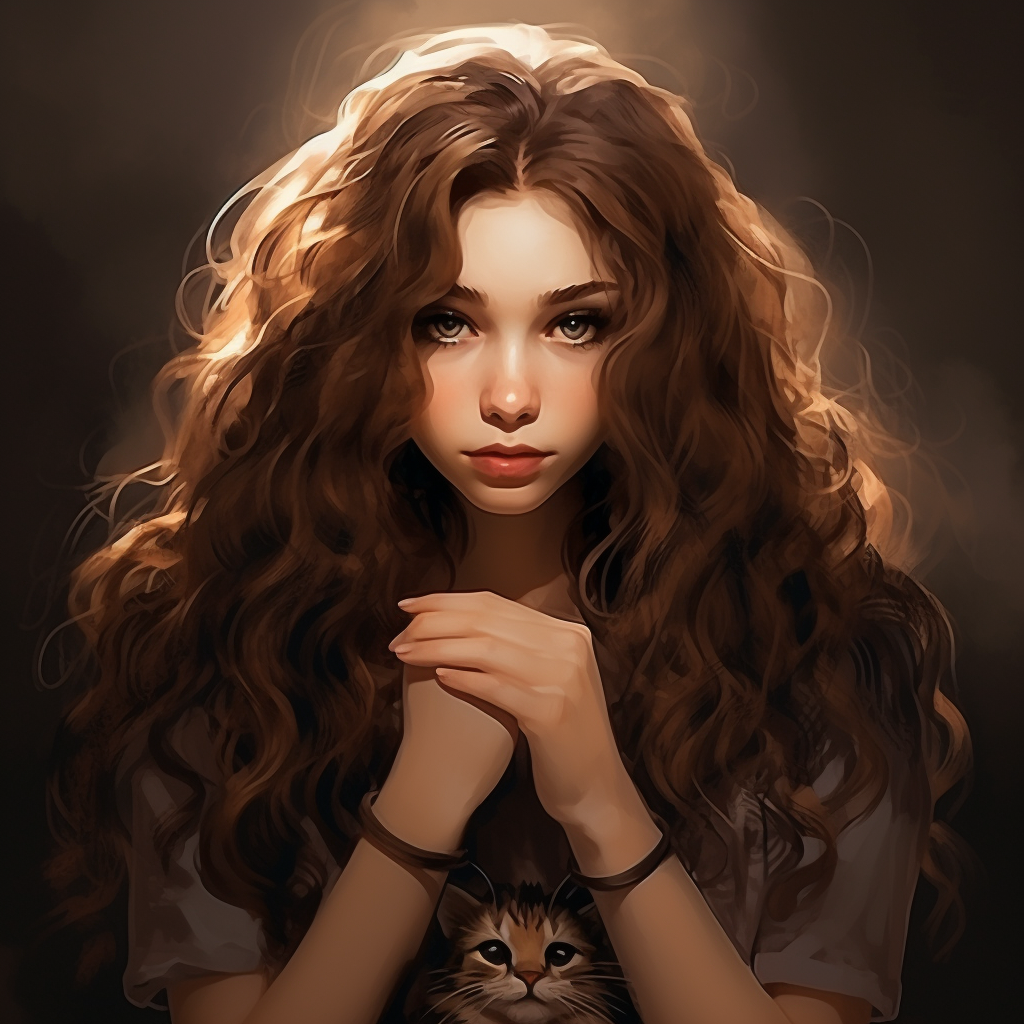 Cat girl with long curly brown hair