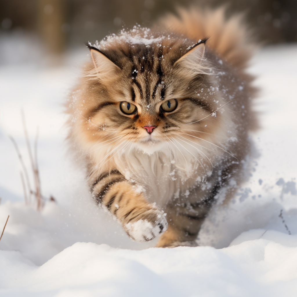 Playful cat running in snow