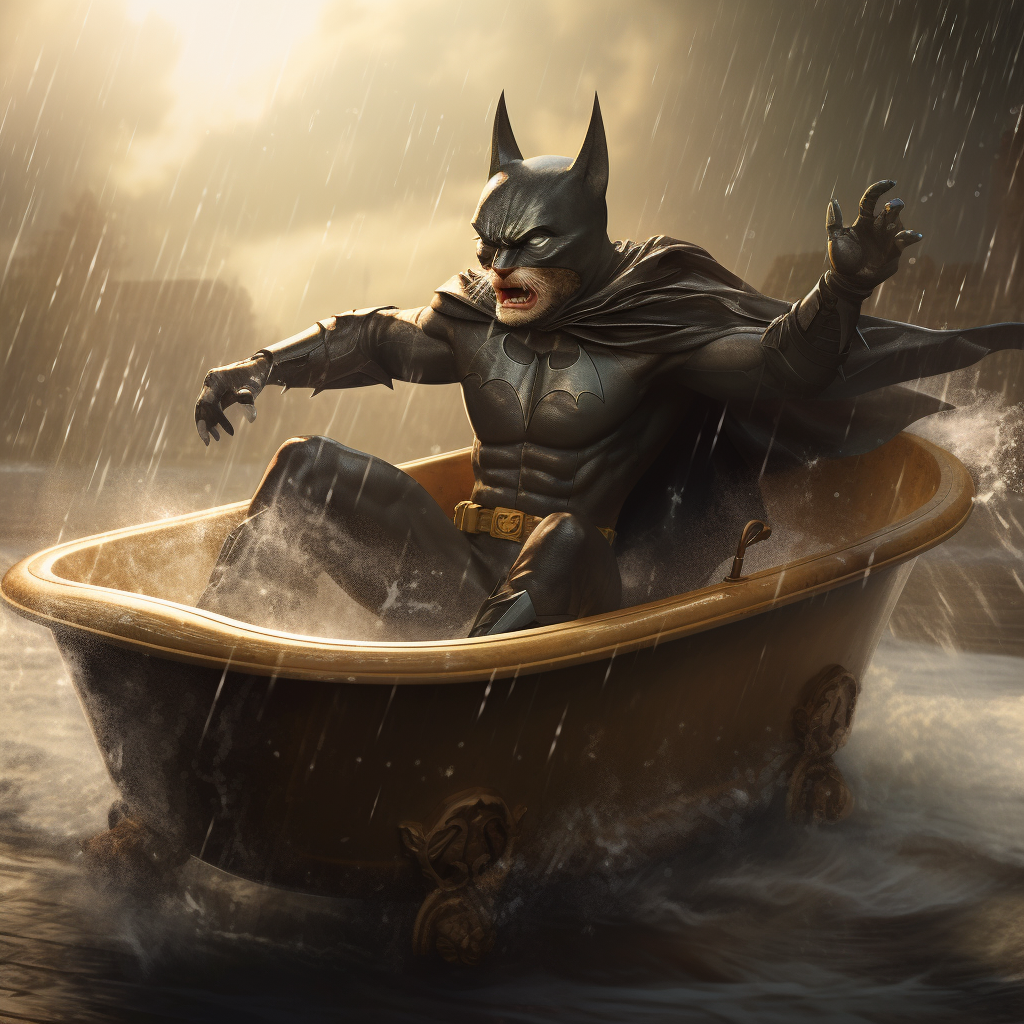 Catman flying on a clawfoot bathtub