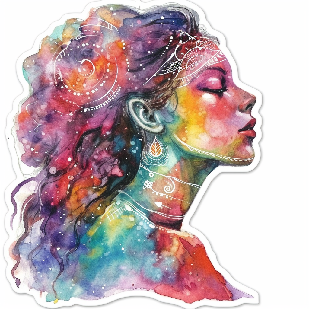 Watercolor celestial goddess with vibrant chakra colors