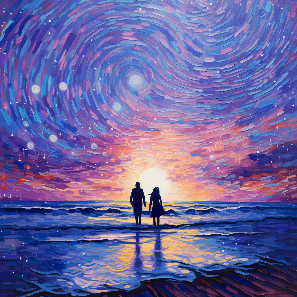 Man and woman on celestial beach with stars and planets