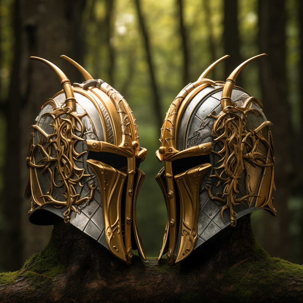 Celtic tree forest with silver Spartan helmets and swords