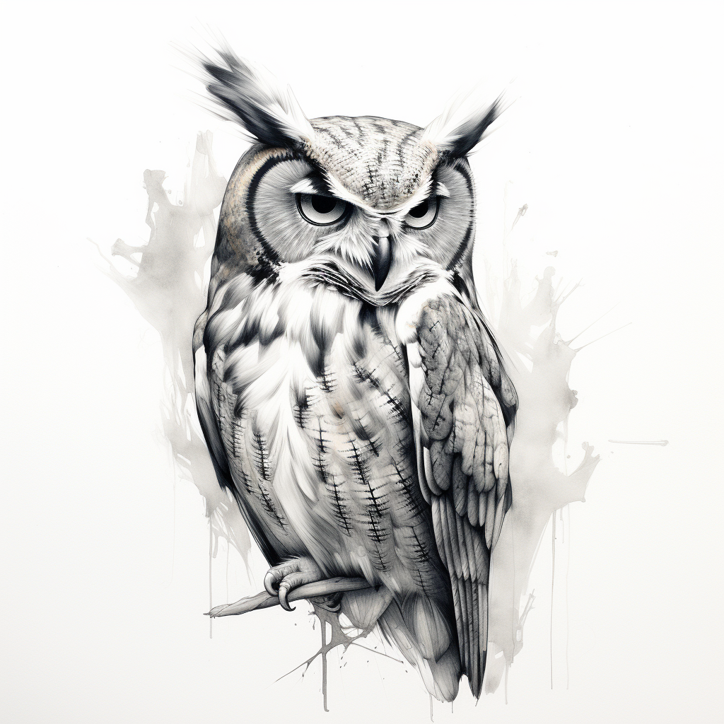 Charcoal sketched owl on white background