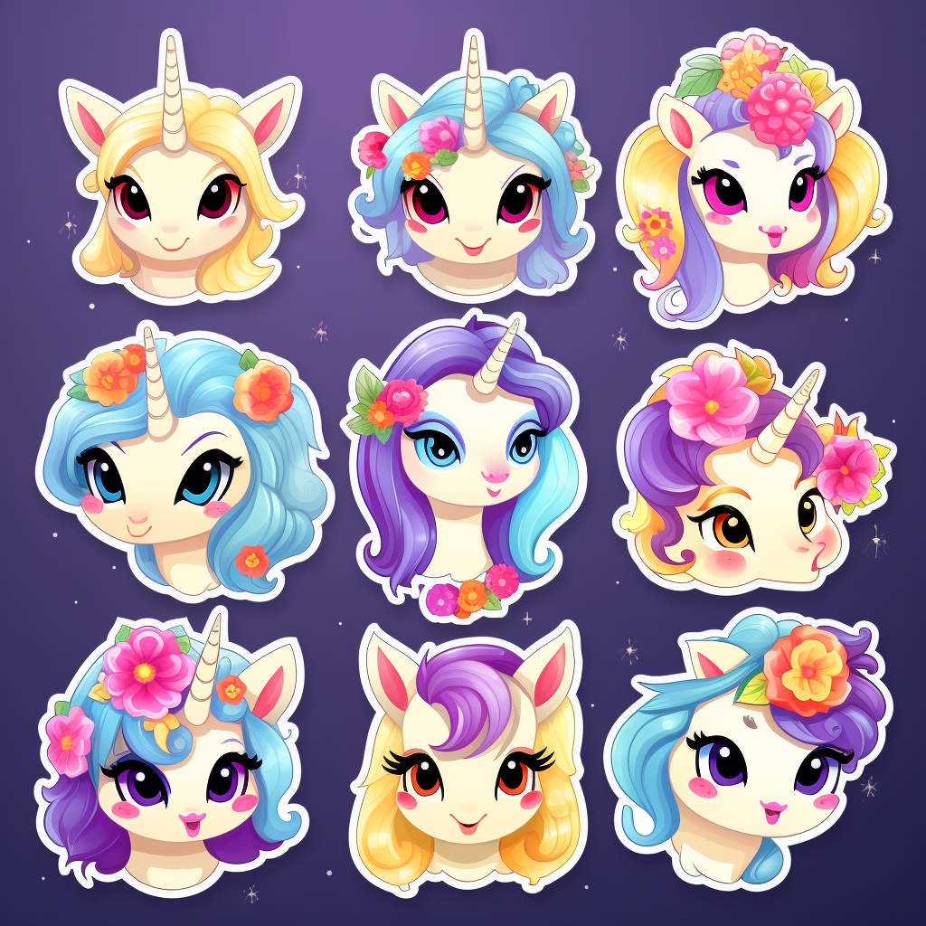 Adorable unicorn stickers with playful poses