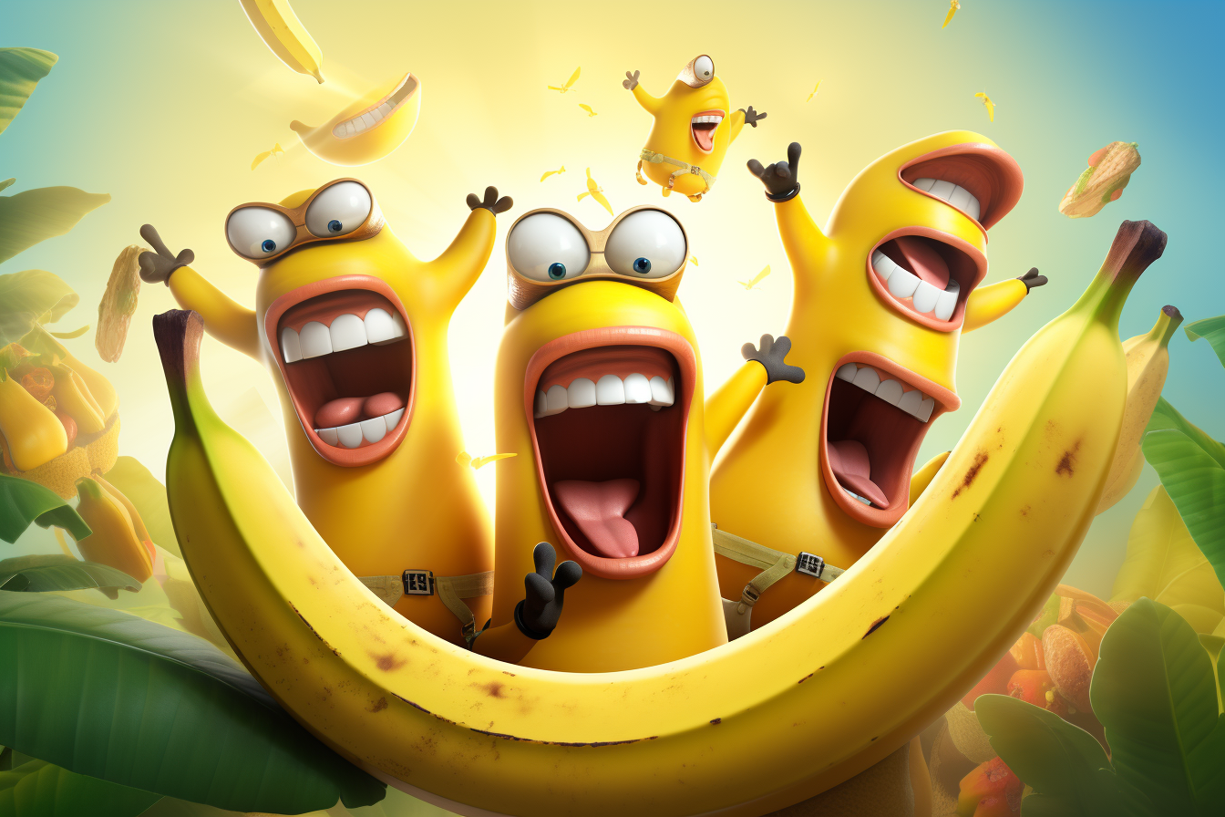 Group of cheerful and cute bananas armed with banana-themed weapons