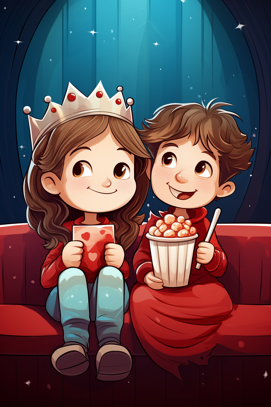 Cheerful cute princess and boy eating popcorn in cinema