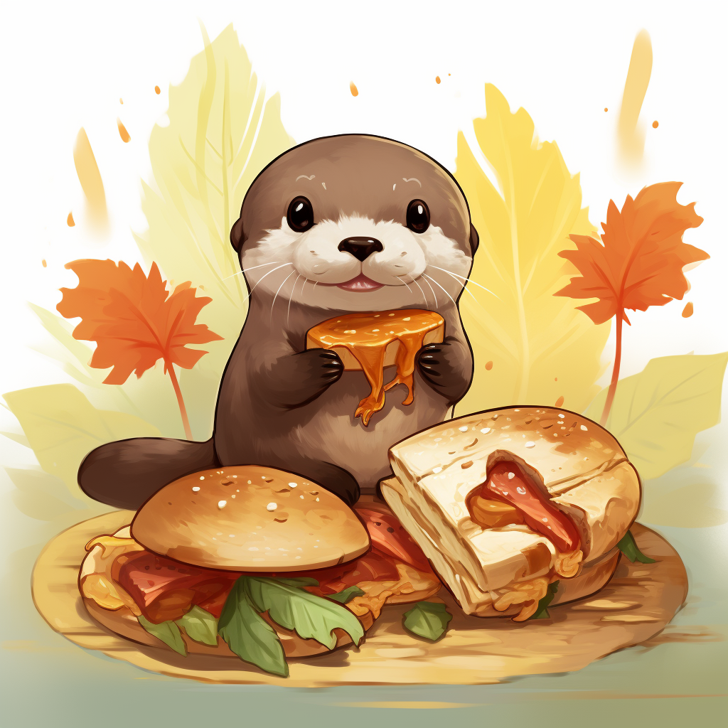 Cute otter enjoying a turkey sandwich