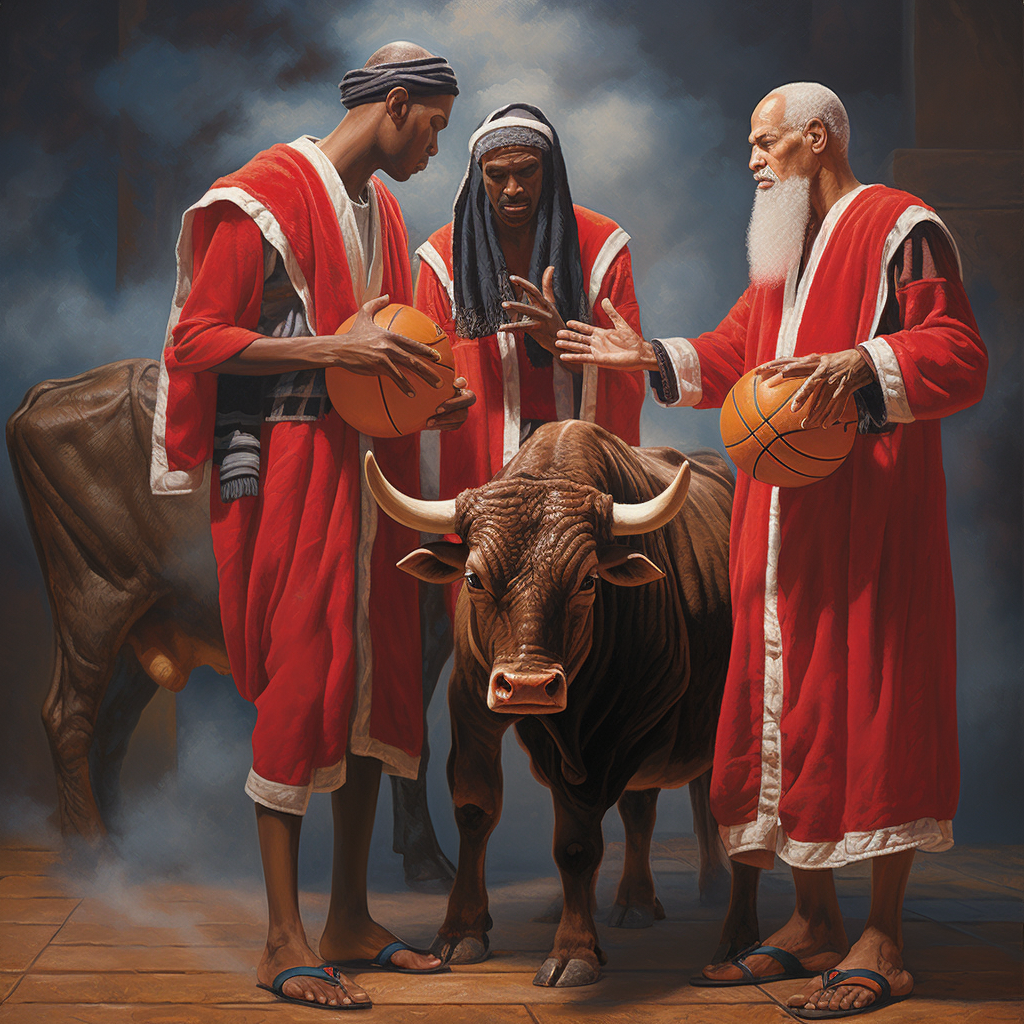 Three Wise Men with Basketball in Nativity Scene