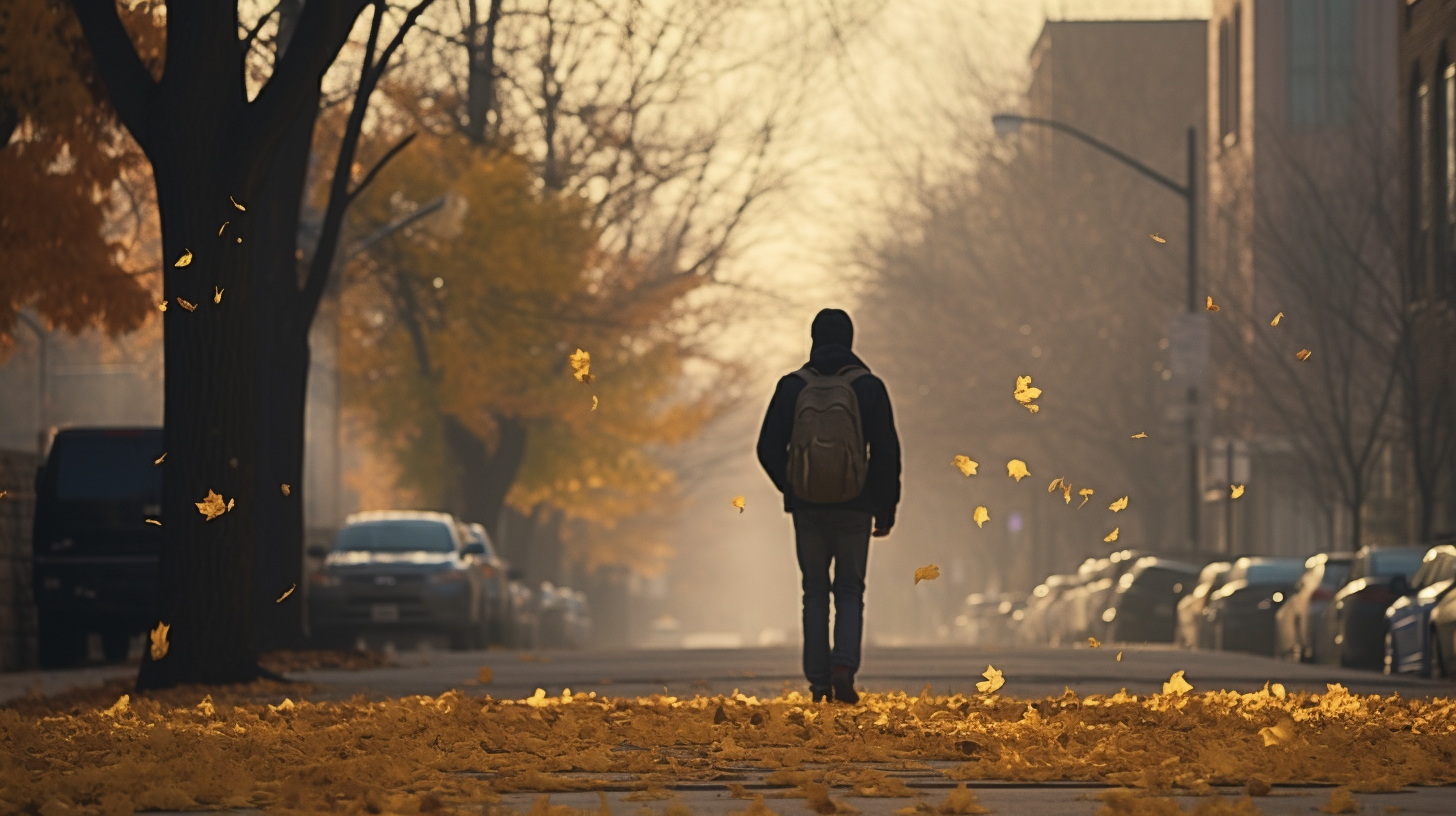 Man using inhaler in Chicago autumn