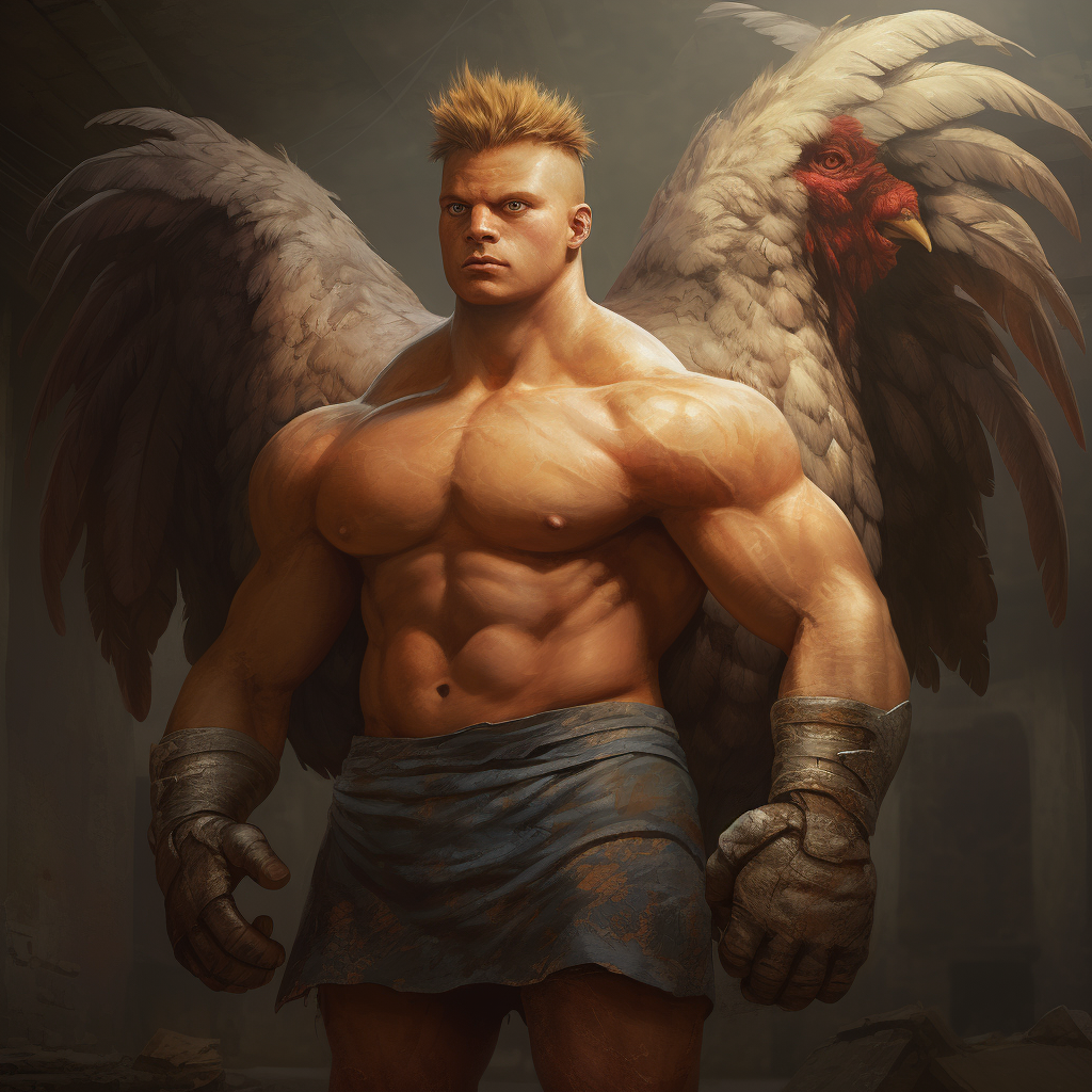 Chichen with strong man arms