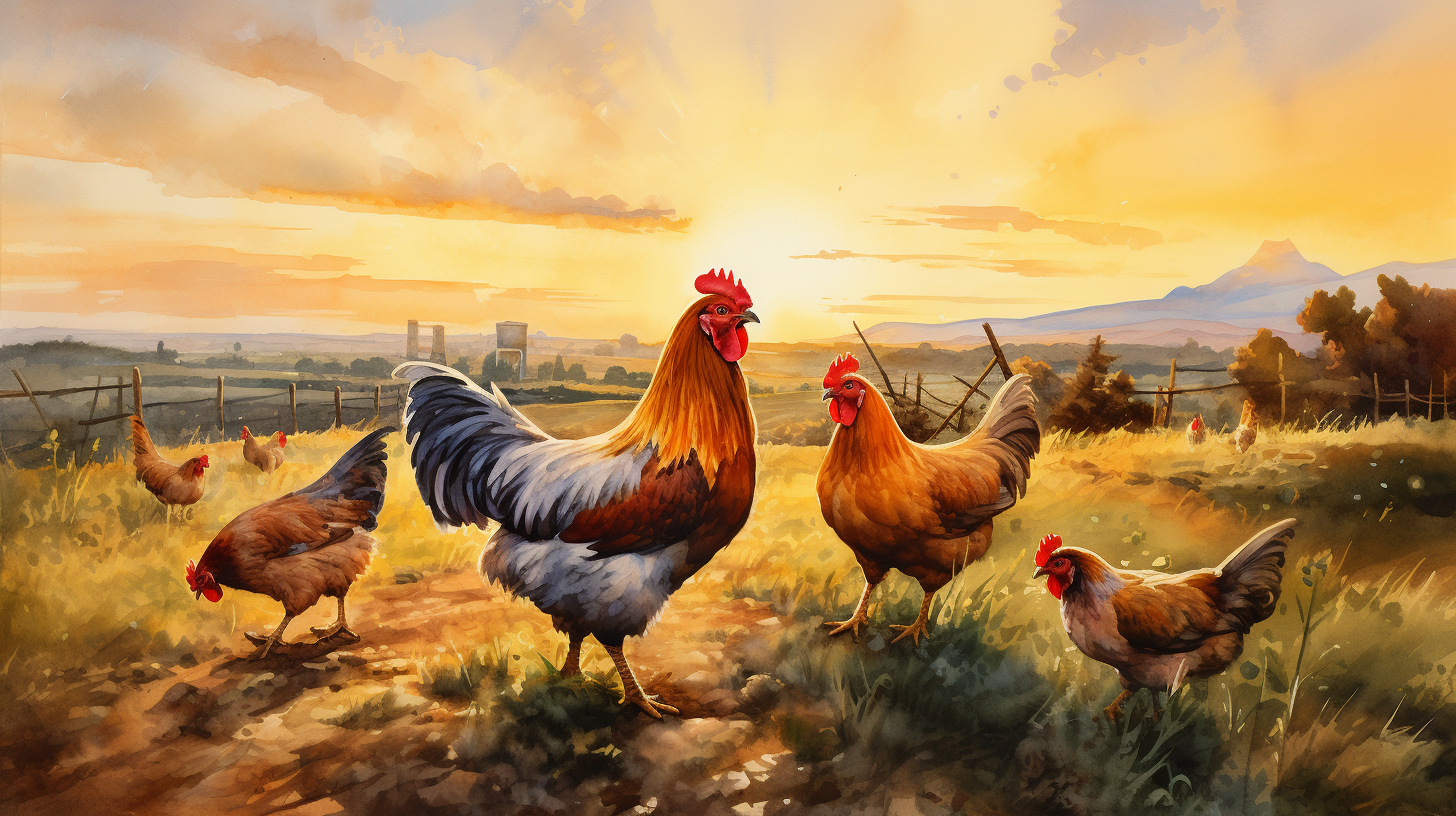 Watercolor painting of chickens at sunset