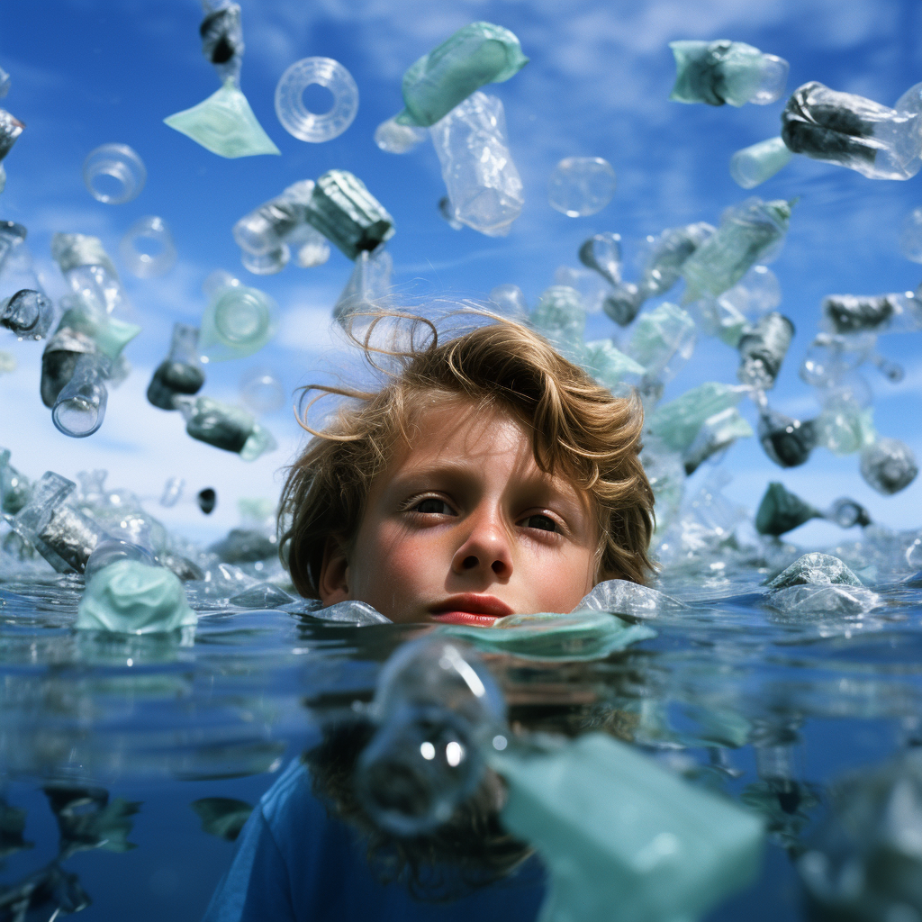 Child floating in ocean with punctured floatie ? plastic awareness