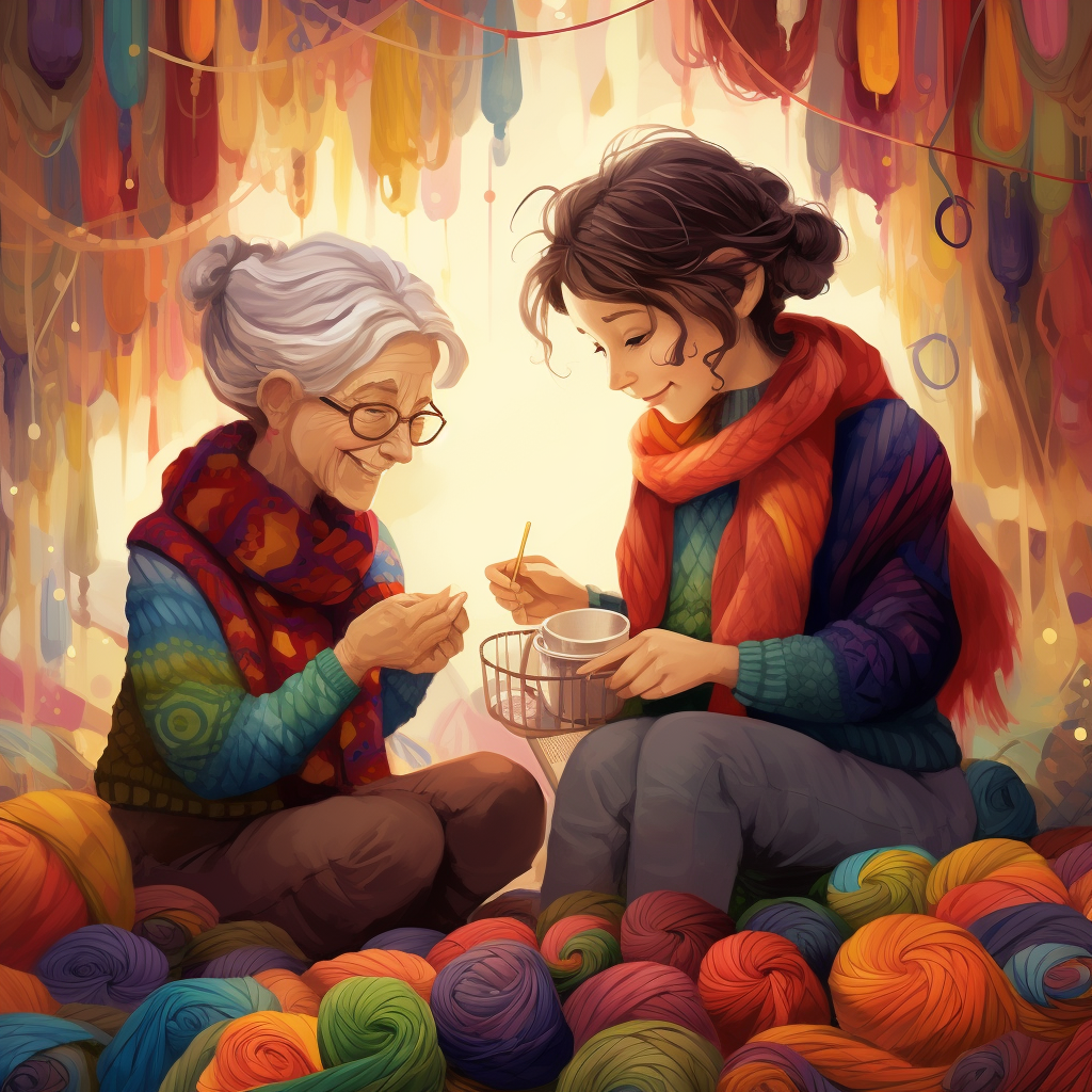 European child and old lady knitting colorful threads