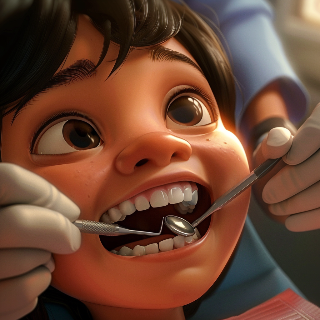 Child getting teeth cleaned cartoon