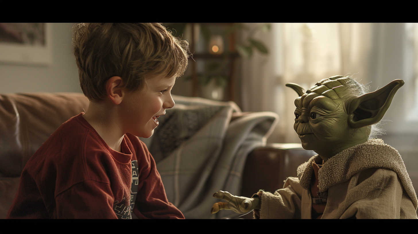 Child playing with toy Yoda