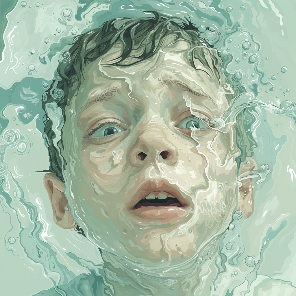 Child with water on face in cartoon style