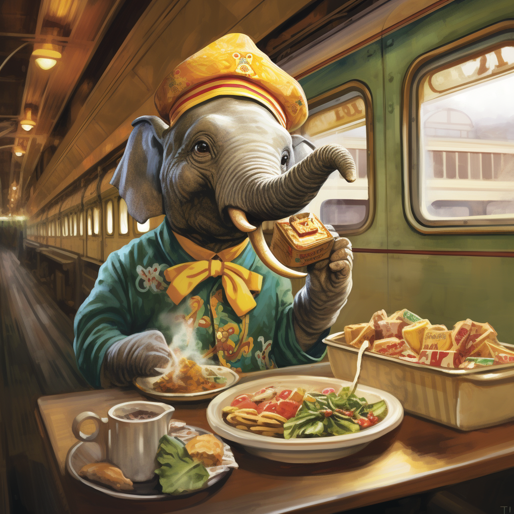 Cute elf train engineer enjoying an elephant ear snack