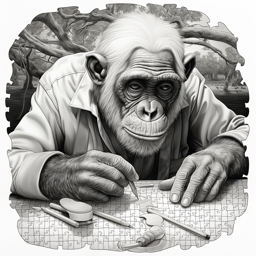 Smart chimp solving puzzle in black and white