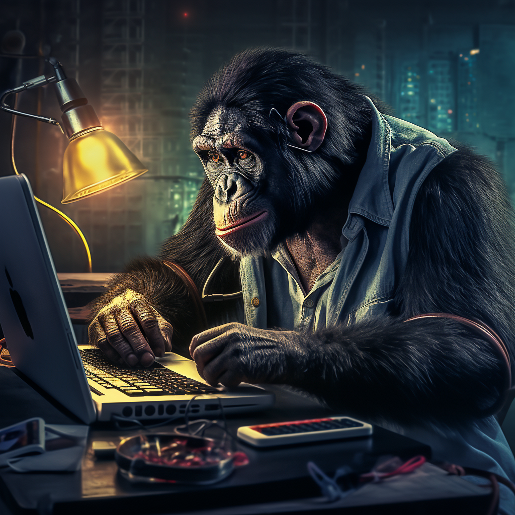 Chimp working at desk with laptop keys