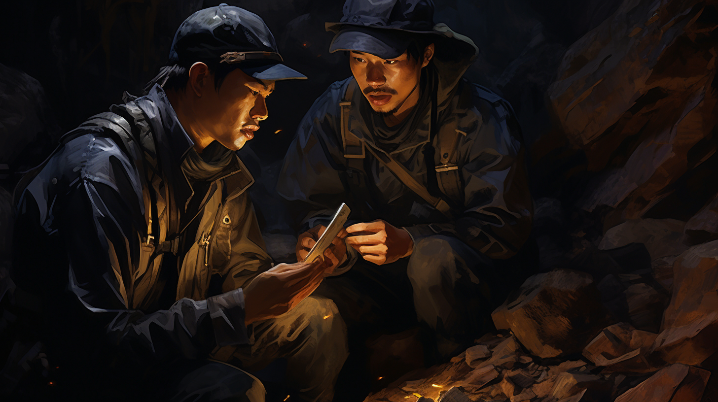 Chinese explorer sharing cell phone screen in cave