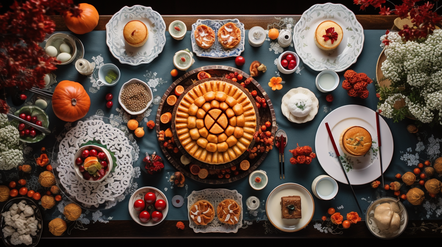 Festive Chinese holiday table with beautiful mooncakes