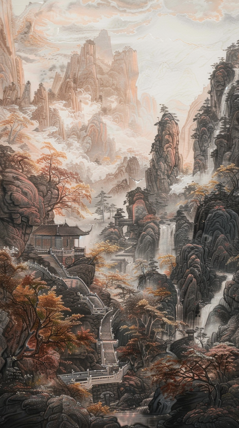 Chinese landscape painting with monks