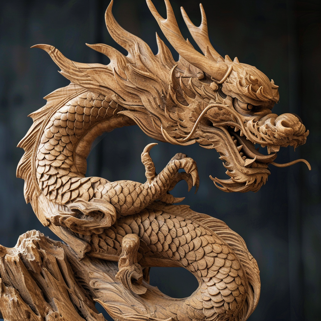 Detailed Chinese Zodiac Dragon Carved from Wood