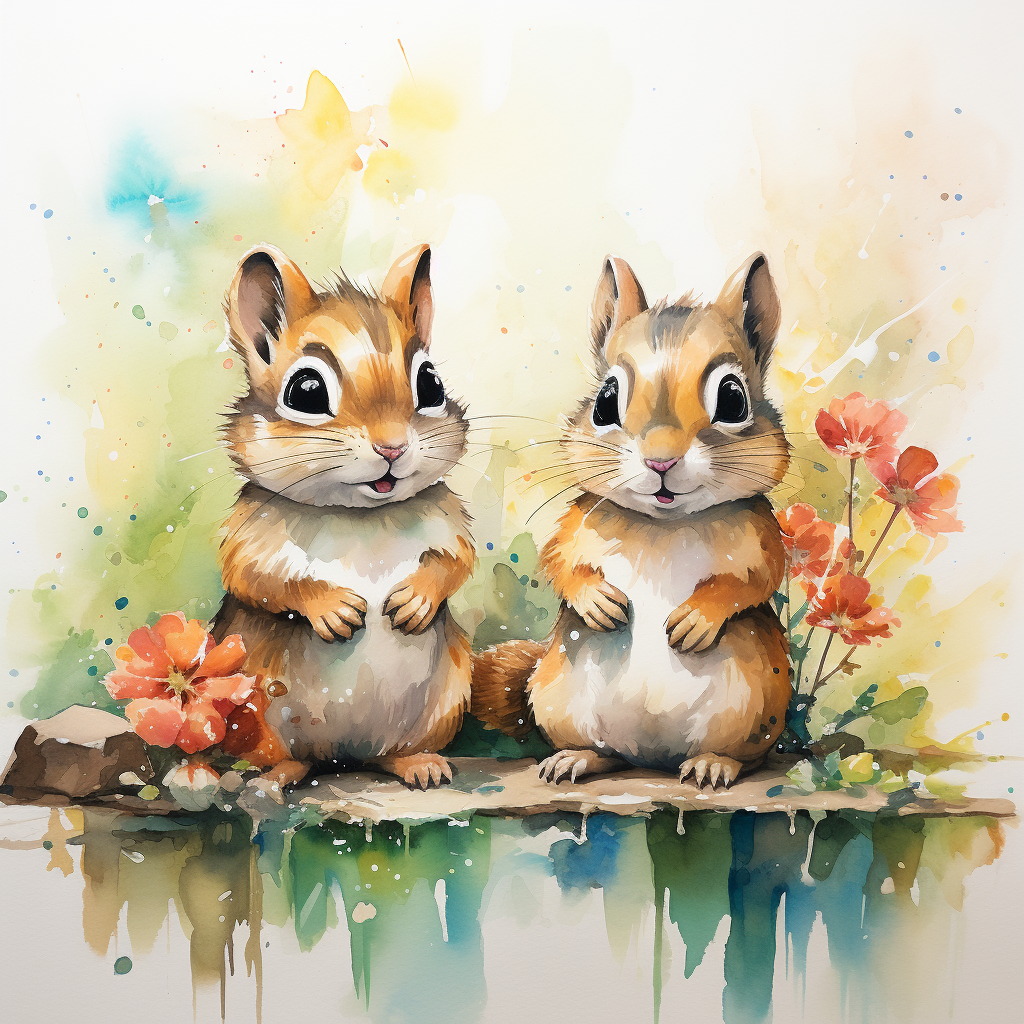 Cute chipmunks playing in watercolour