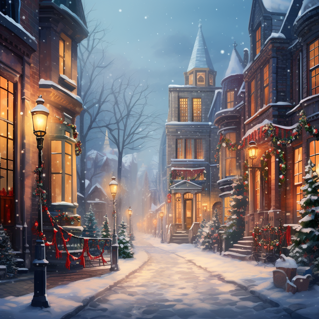 Snowy streets with street lamps for Christmas card