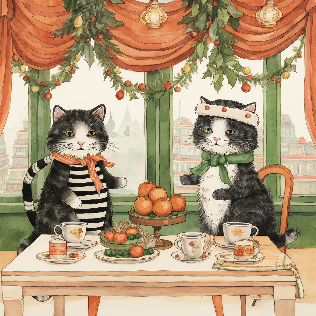 Adorable cats sipping tea in a Victorian cafe