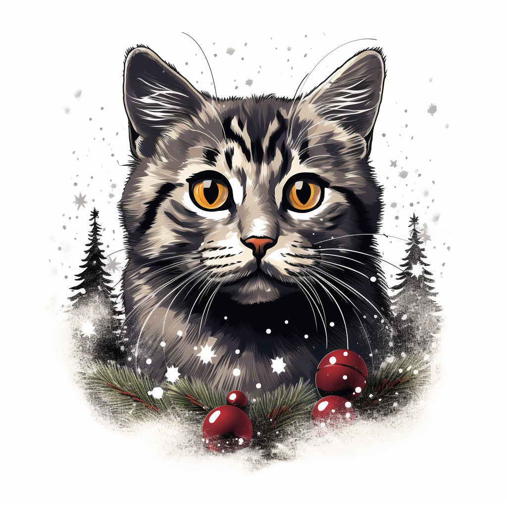 Adorable Christmas Grey Tabby Cat in Graphic Novel Art