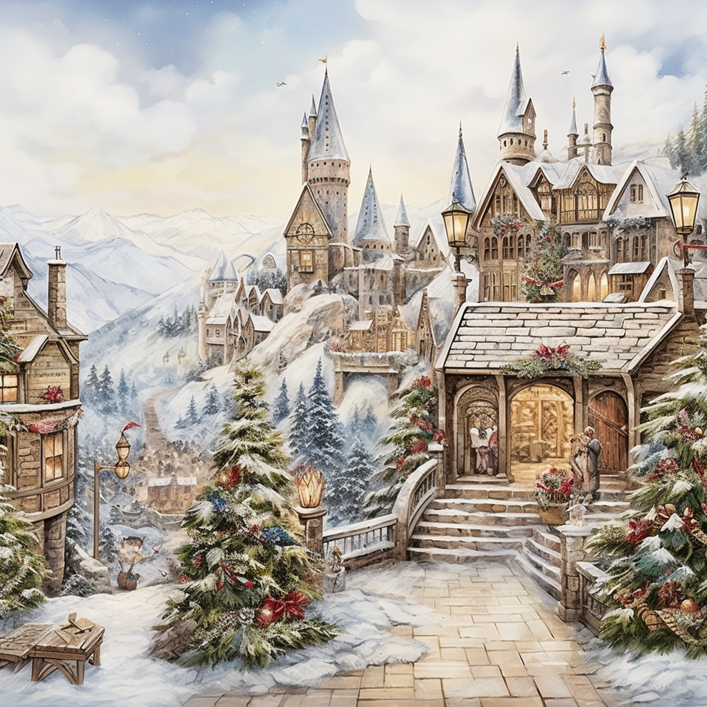 Christmas at Hogwarts watercolour drawing