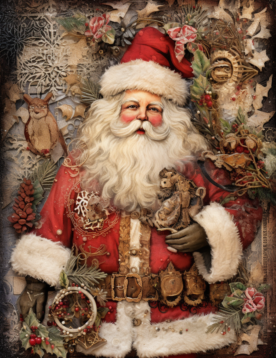 Illustration of Christmas Santa Claus on Junk Journal Background