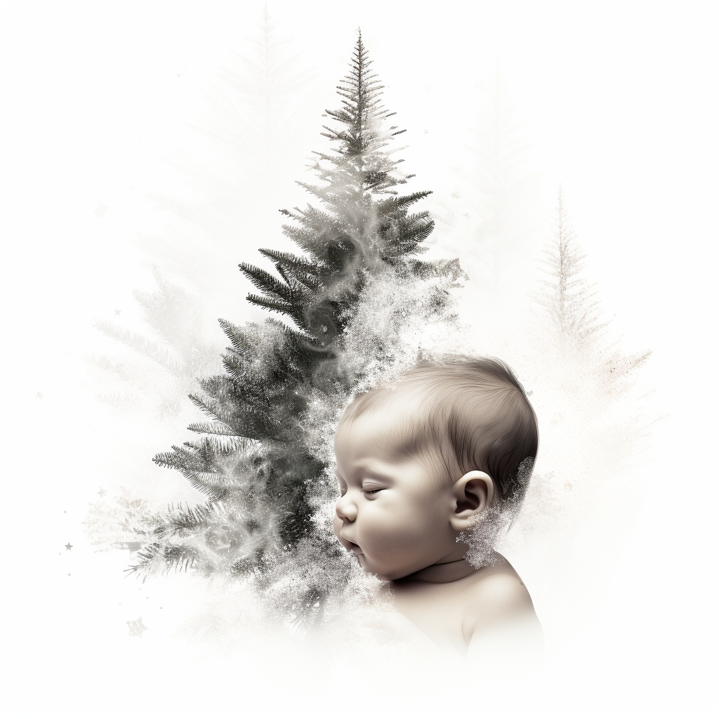 Double exposure of Christmas Tree and baby