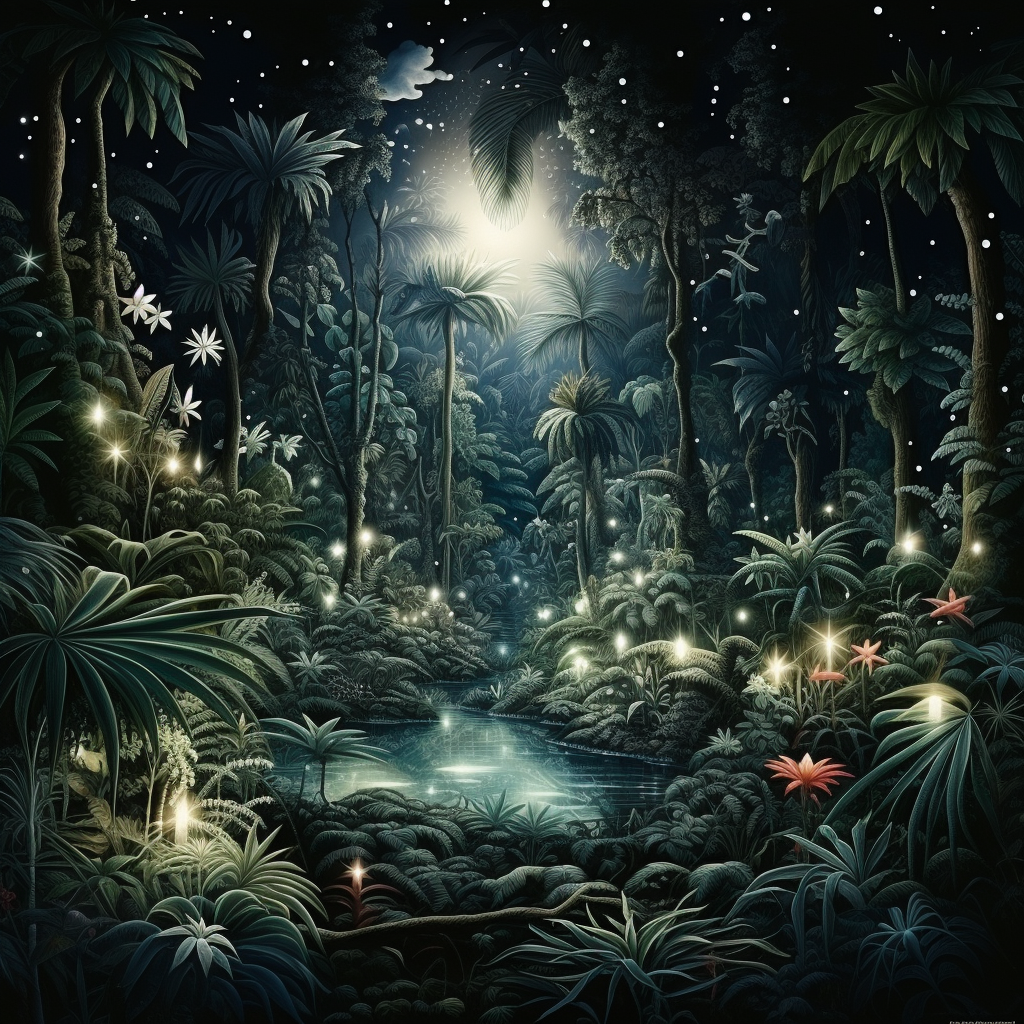 Serene winter jungle night scene