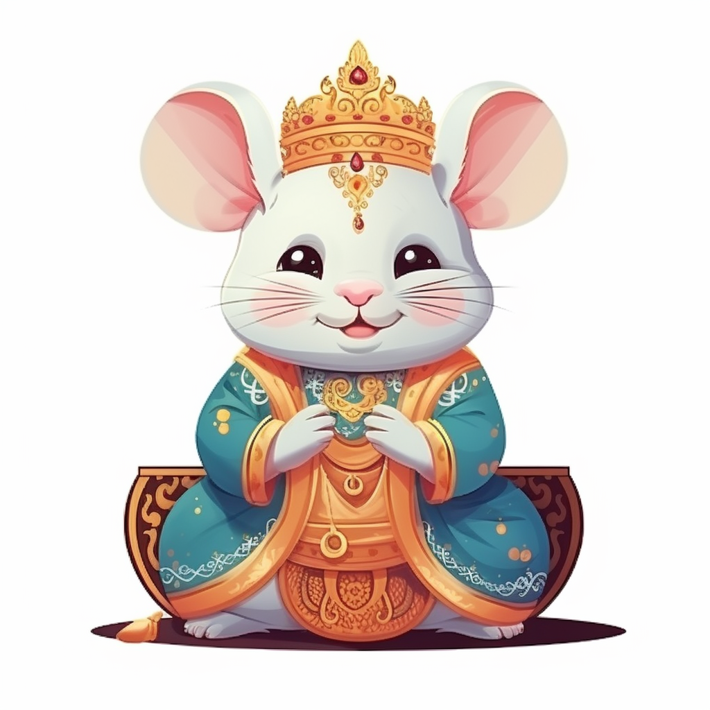 Chubby mouse in Indian ethnic wear sitting on a throne, smirking